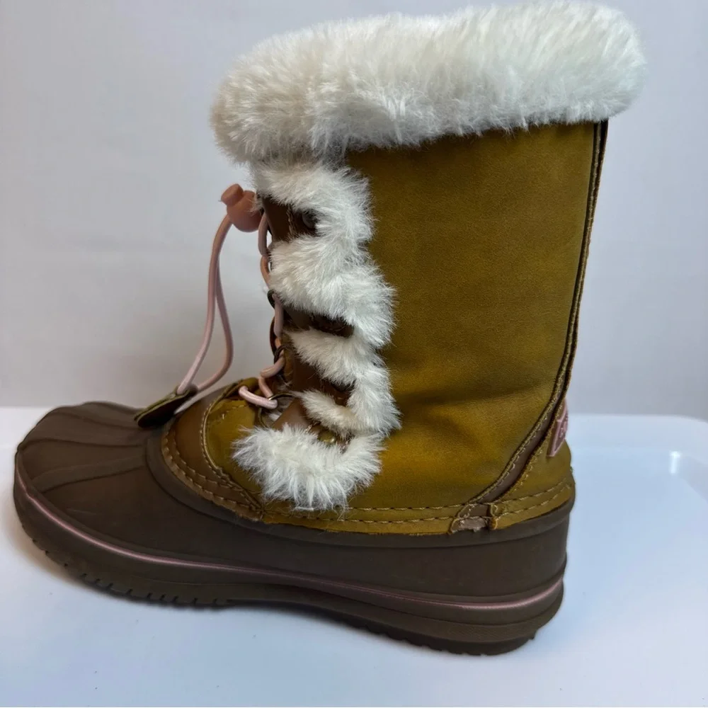 London Fog Kids Brown SnowBoots‎ w/ Pink Accents sz 2 Faux Fur Winter Outdoor